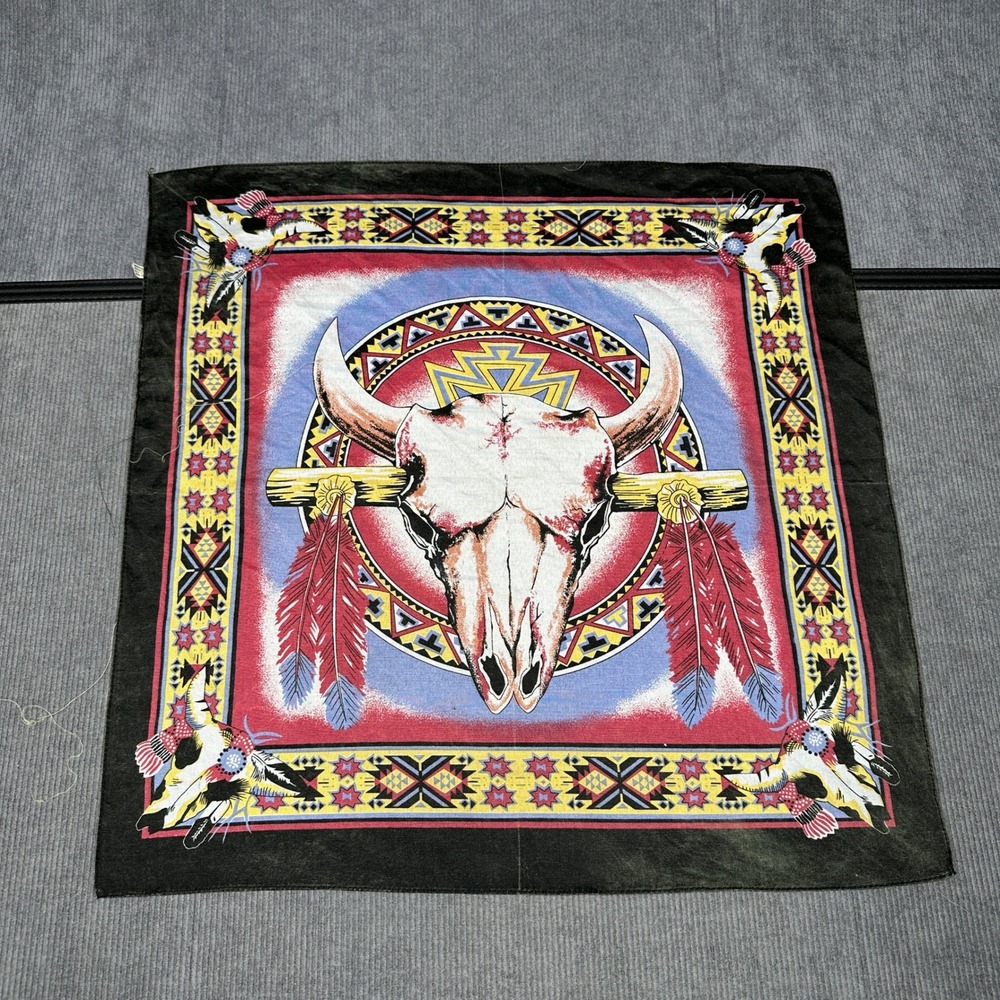 Vintage 2004 Bull Skull Tribal Bandana Black Red Blue 21x21 RN 97467